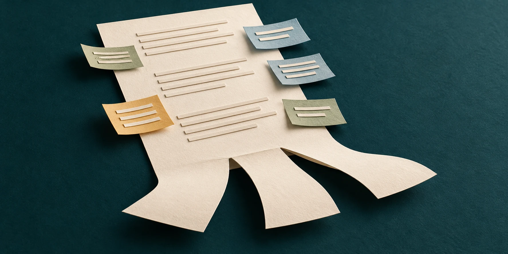 A paper document with colored comment notes along its edges. At the bottom it splits into three strips, a metaphor for a decision record that gets commented on before the decision and still keeps several options open.