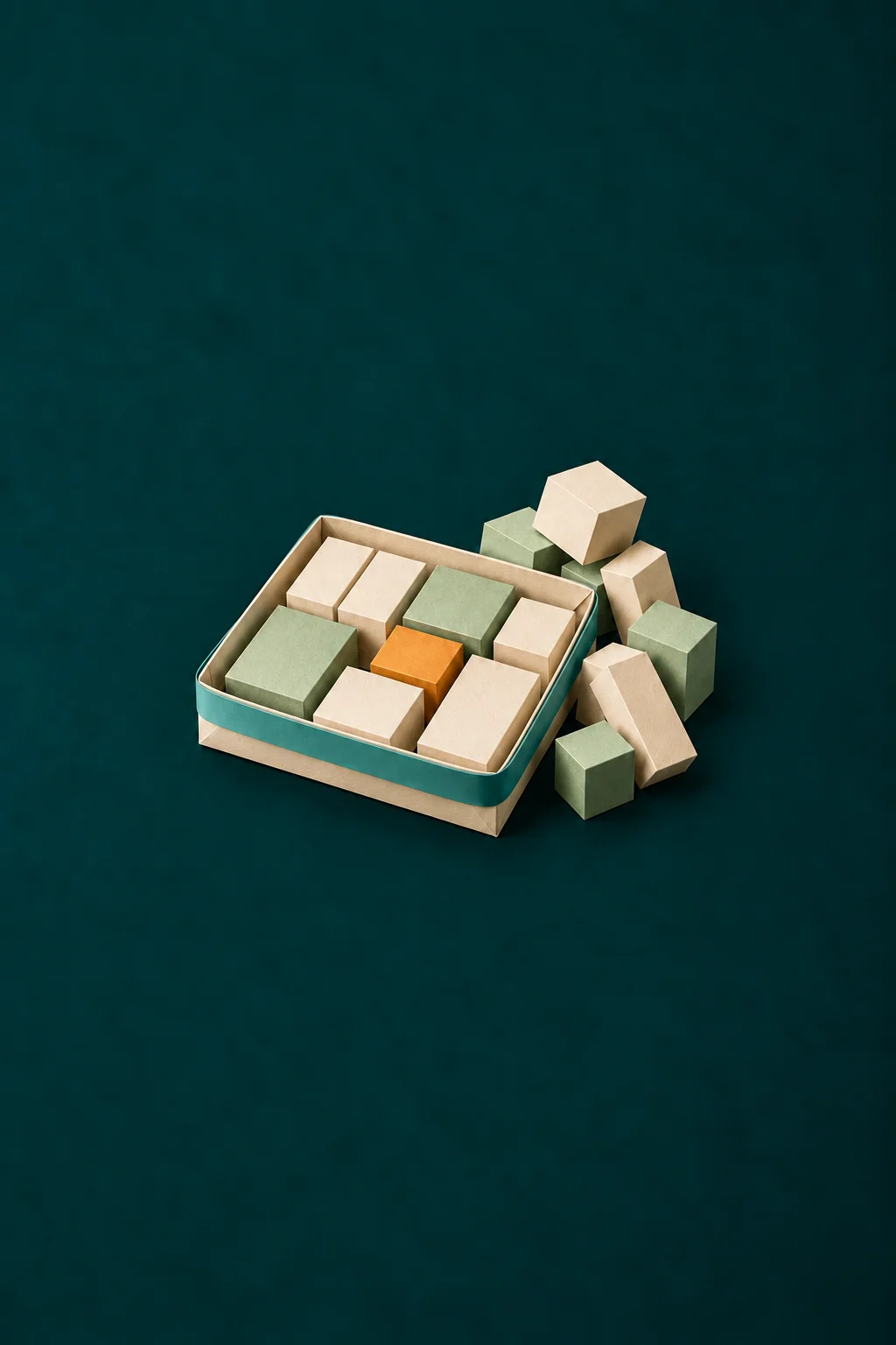 A paper tray filled with blocks, one of them ochre, while more blocks pile up beside it because they no longer fit.