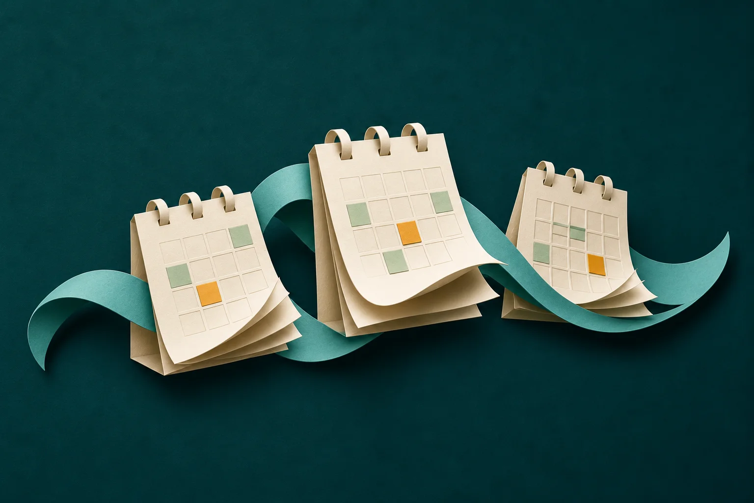 Fanned paper calendar pages connected by a flowing turquoise ribbon against a deep teal background.