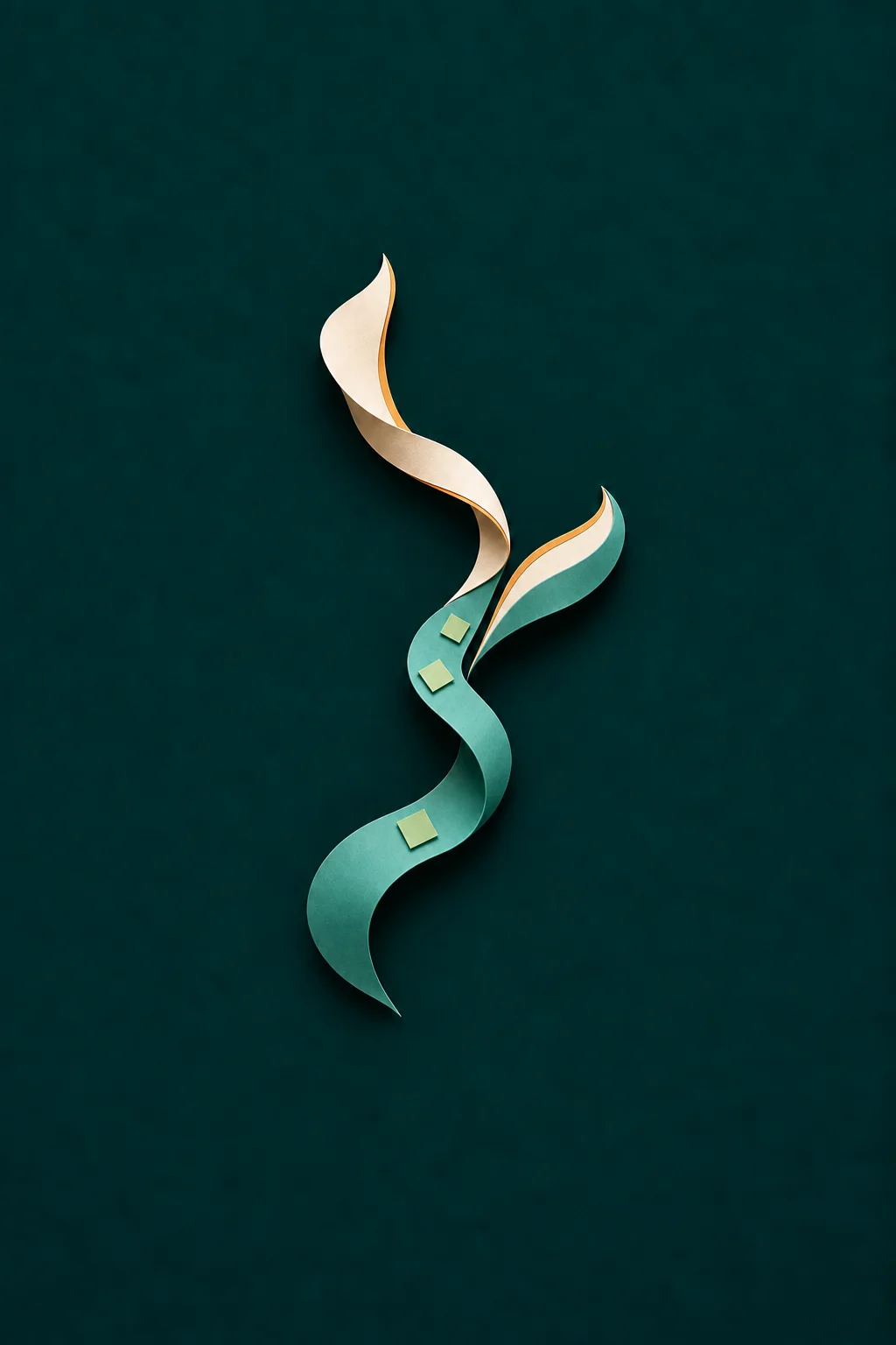 Two paper ribbons, a turquoise one from below and a cream one from above, beginning to run side by side.