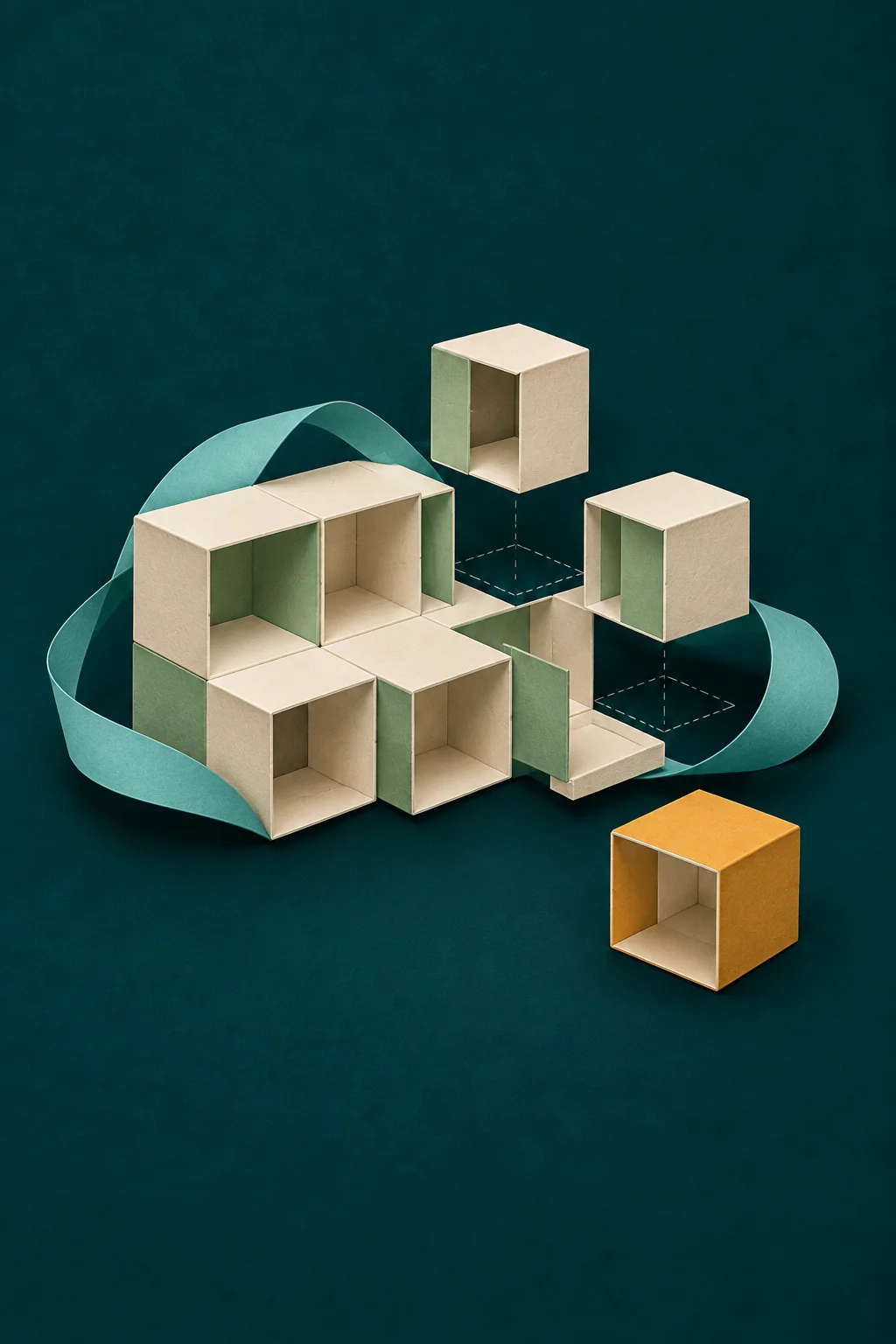 A structure of paper cubes being rearranged: some hover above dashed outlines of their new places, one ochre cube stands apart, a turquoise ribbon loops around.